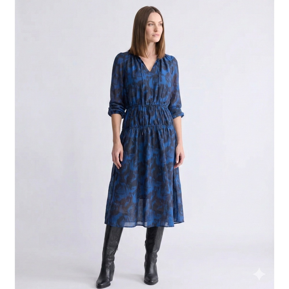 NWT Buffalo David Bitton Women's Virlen Tiered Midi Long Sleeves Dress Blue M